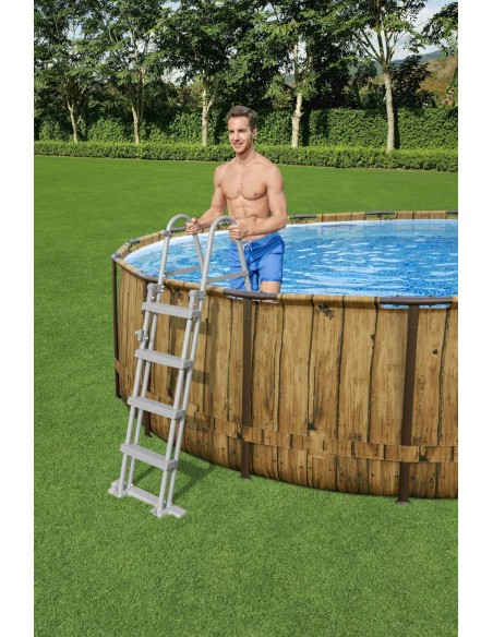 PISCINA FUORI TERRA ROTONDA POWER STEEL SWIM VISTA DA 488X122 CM EFFETTO LEGNO CHIARO