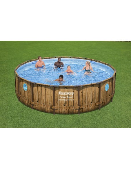 PISCINA FUORI TERRA ROTONDA POWER STEEL SWIM VISTA DA 488X122 CM EFFETTO LEGNO CHIARO